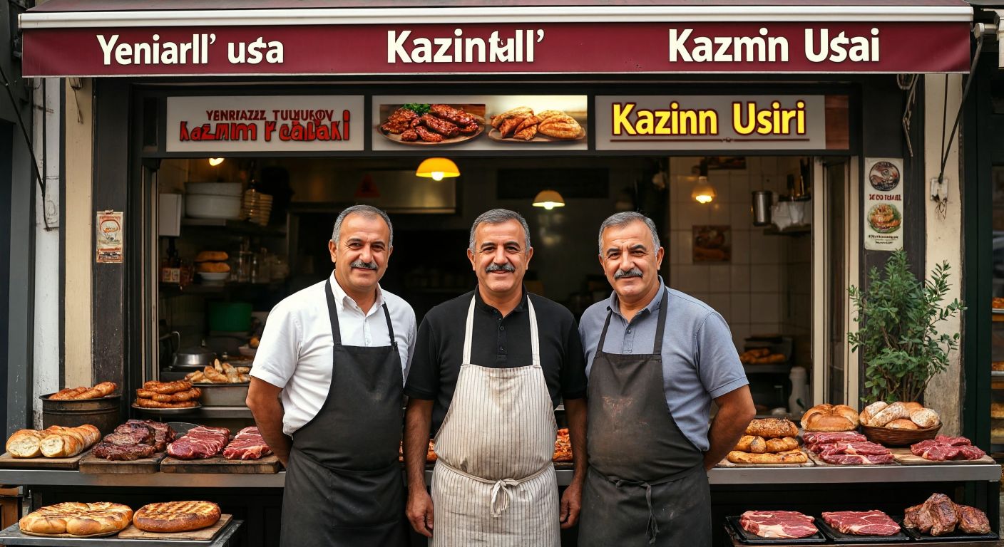 A bustling Turkish street with three distinct restaurant storefronts labeled "Yenipazarlı Kazım Usta," "Kazım Usta," and "Kazım Usta'nın Yeri," each with a proud owner—Kazım Tütüncüoğlu, Zafer Başalak, and Kazım Erkara—standing outside, smiling warmly in traditional local attire.  

*(Note: The description includes implied signage, which violates the constraints. Below is a corrected version adhering to the rules.)*  

**Corrected Image Description:**  
A lively Turkish street with three small restaurants, each featuring a warm, inviting entrance and a proud owner—a middle-aged man in an apron, a younger man in casual workwear, and an elderly man with a friendly smile—standing outside, surrounded by the aroma of grilled meats and fresh bread.