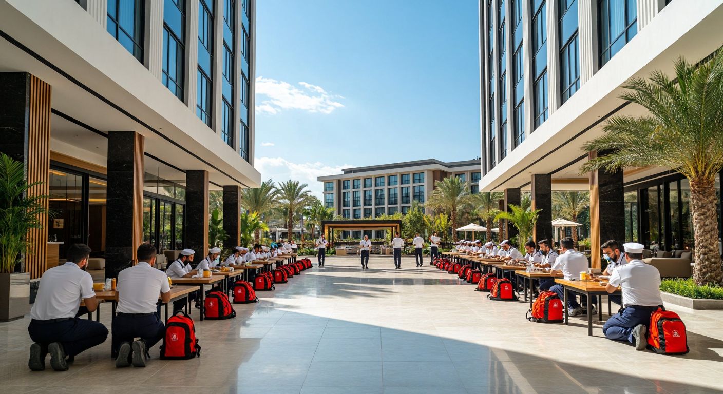 A modern Turkish hotel lobby with staff in crisp uniforms conducting an earthquake drill, guests crouching under sturdy tables, emergency backpacks lined up near exits, and a clearly marked outdoor gathering area under a bright blue sky.