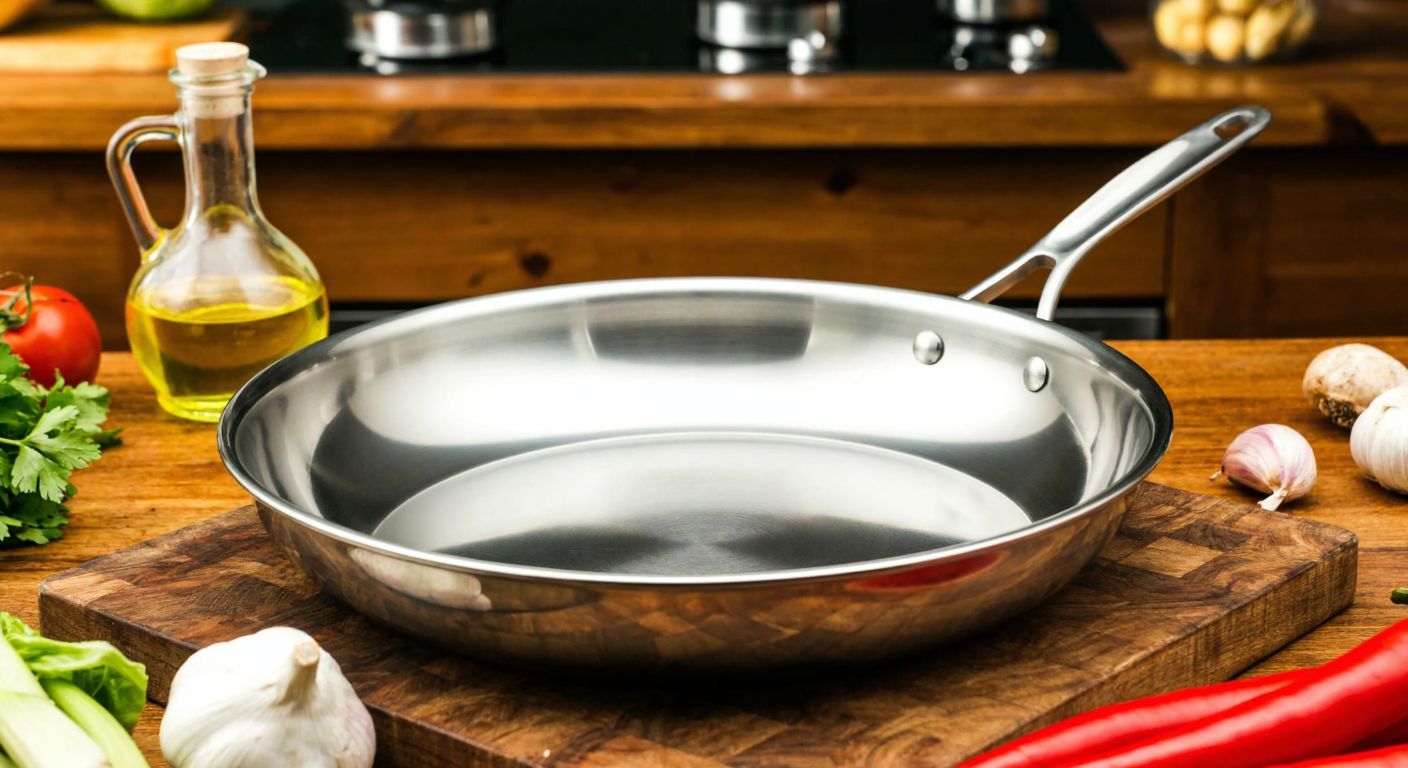 A shiny, stainless steel frying pan with a wide, flat base sits on a rustic wooden table in a Turkish kitchen, surrounded by fresh vegetables and olive oil.