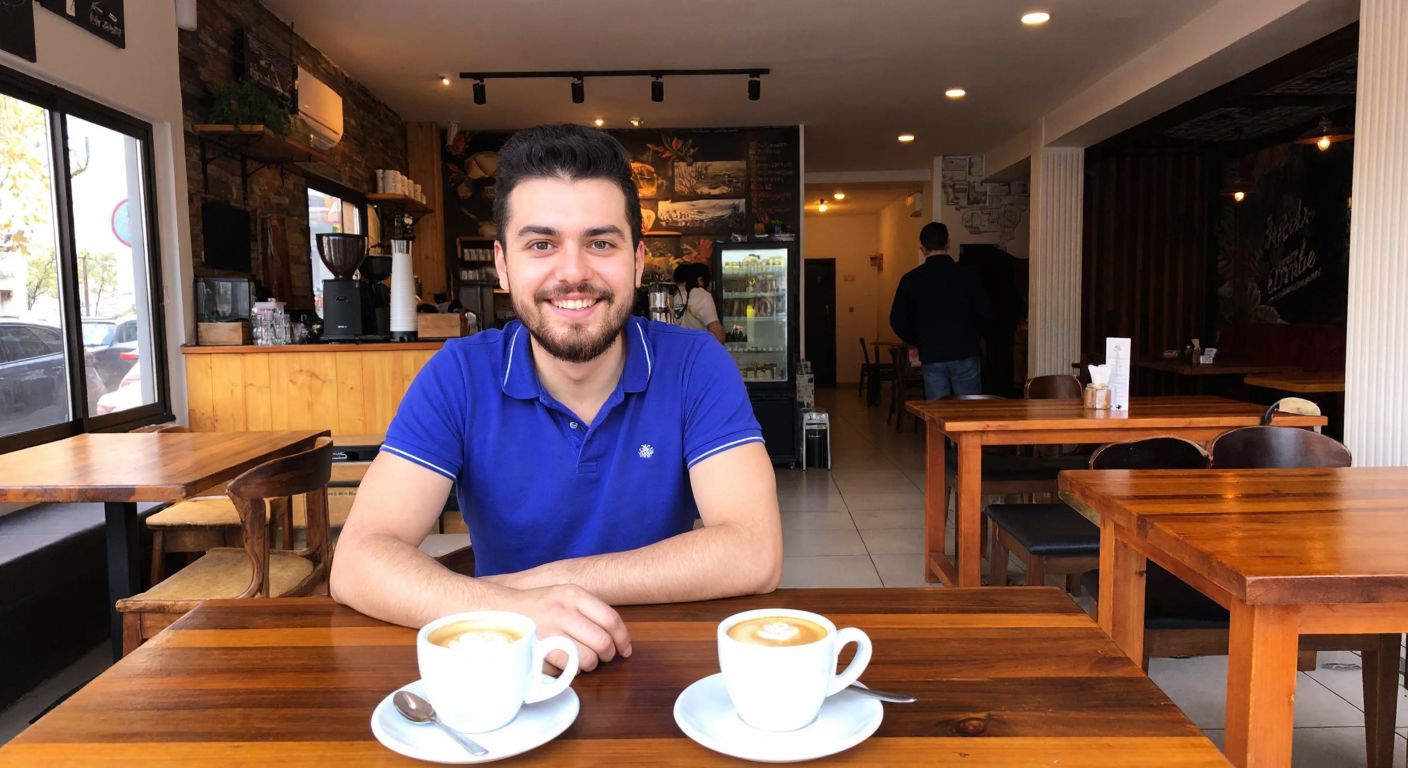 A cozy café in Eskişehir with wooden tables, steaming cups of Colombian coffee, and a warm, alcohol-free atmosphere, where a barista smiles while serving customers.