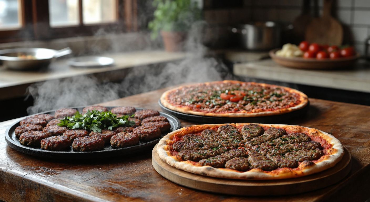 A rustic wooden table in a Turkish kitchen holds three distinct dishes: a sizzling sucuk köfte with cracked edges, a thin lahmacun topped with minced meat and herbs, and juicy grilled köfte, all emitting aromatic steam.