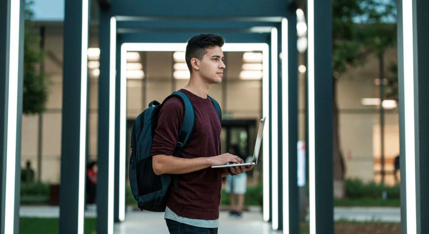 A young student in a modern university campus in Istanbul, wearing a backpack and holding a laptop, confidently navigating through a digital portal on their screen with a focused expression.