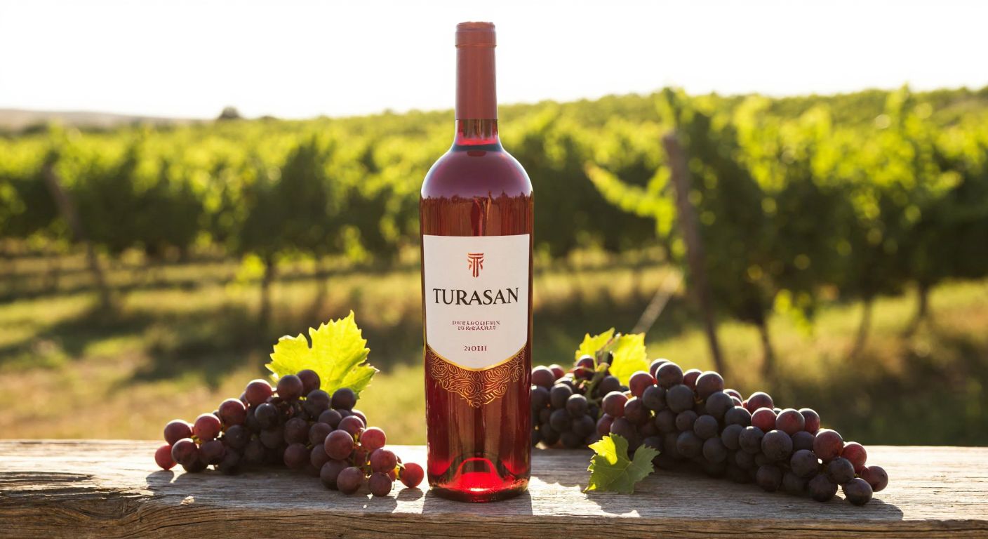 A bottle of Turasan wine with a deep red hue, placed on a rustic wooden table in a sunlit Cappadocian vineyard, surrounded by clusters of ripe grapes.