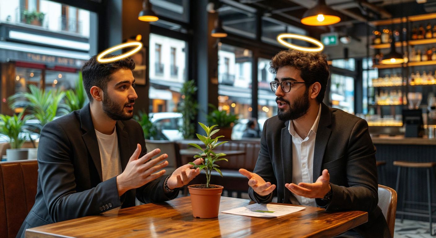 A young entrepreneur in a modern Istanbul café passionately explains a business plan to a seasoned investor, with a small potted plant symbolizing seed investment and a glowing halo above the investor's head representing angel investment.