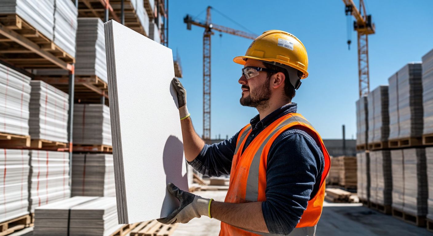 A sturdy white plasterboard with a smooth finish, held by a construction worker in a hard hat, standing in a modern Turkish building site under sunlight, with stacks of Dalsan-branded plaster materials in the background.