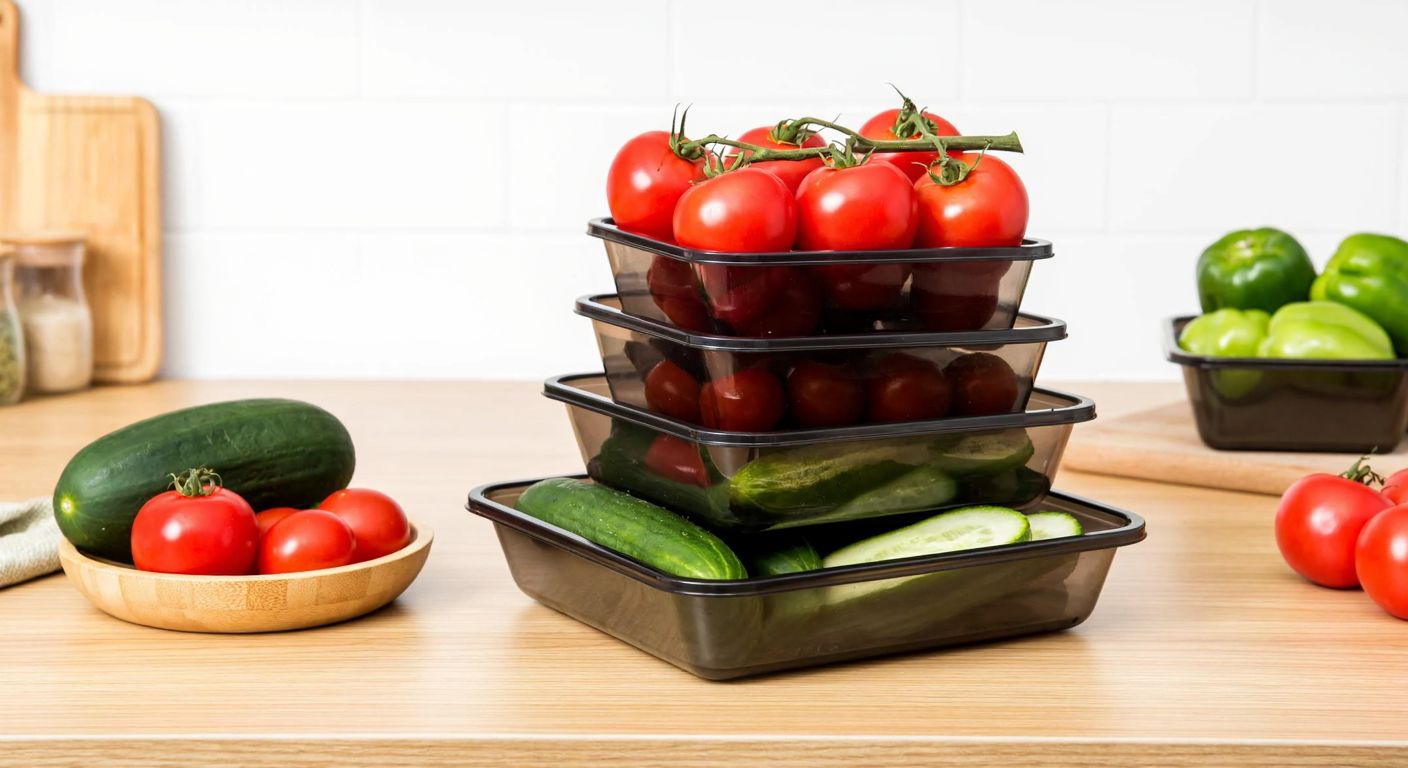 A neatly stacked set of square vegetable trays in a bright Turkish kitchen, filled with fresh tomatoes, cucumbers, and peppers, arranged efficiently on a wooden countertop.