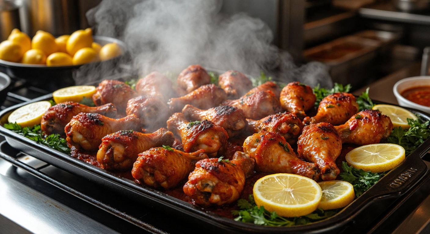 A golden-brown tray of sizzling, sauce-glazed chicken wings fresh out of the oven, surrounded by vibrant lemon wedges and fresh herbs, with steam rising in a cozy Turkish kitchen.