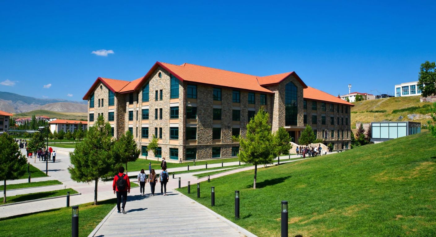 A modern university building with red-tiled roofs and stone facades stands on a sunny hillside in Kayseri, surrounded by students walking along tree-lined pathways.