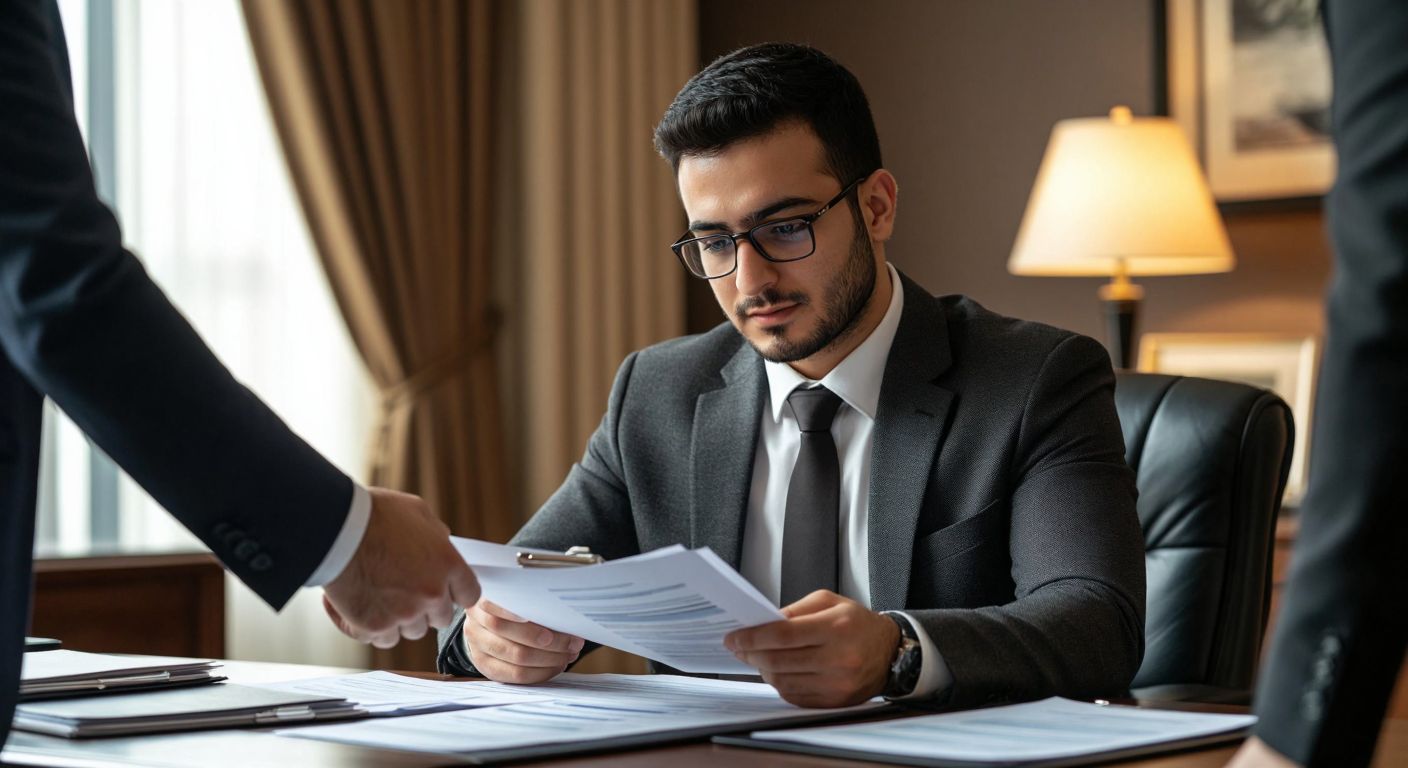 A Turkish accountant in a formal office setting, wearing glasses and a suit, carefully reviewing a stack of invoices and contracts with a focused expression, while a handshake between two businesspeople symbolizing a completed transaction is subtly reflected in the background.