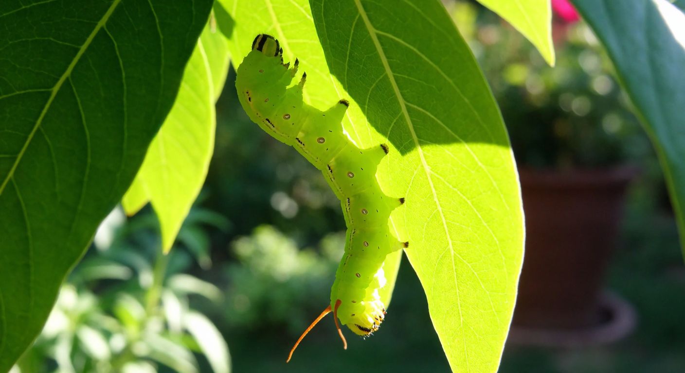 A vibrant green caterpillar transforming into a delicate butterfly on a sunlit leaf in a lush Turkish garden.