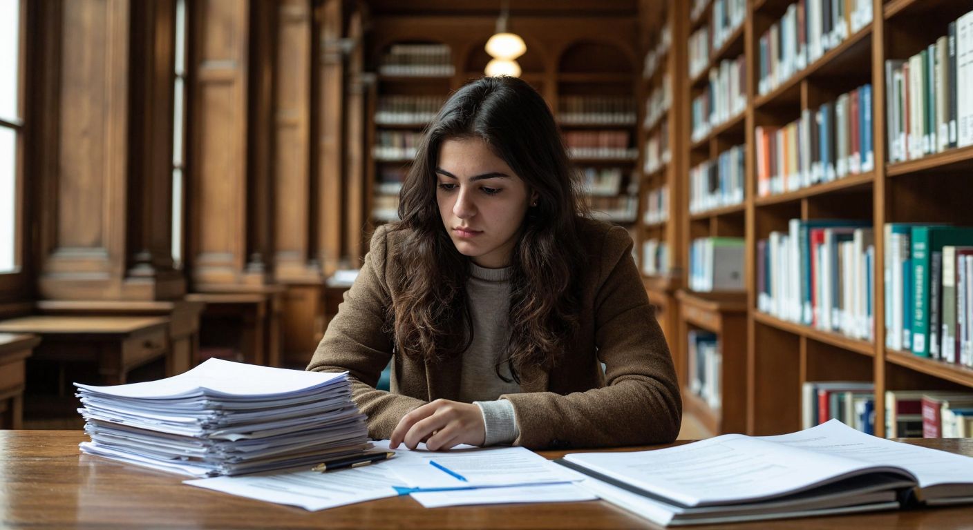 A focused Turkish university student in a modern library stacks official documents—contracts, ethics approval forms, and invoices—on a wooden desk with a pen and a laptop nearby.