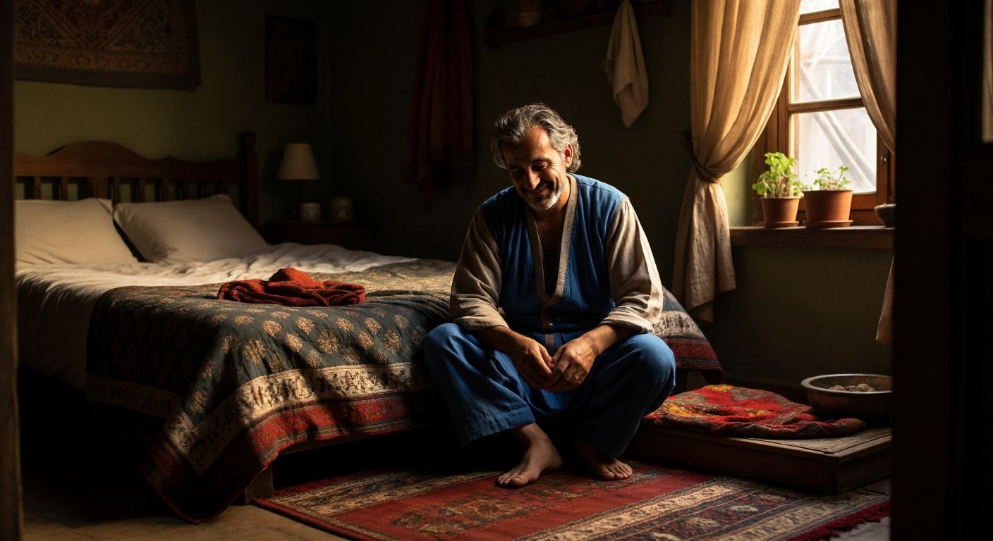 A cozy, dimly lit Turkish bedroom with a hand-woven quilt neatly tucked over a wooden bed, where a middle-aged man in traditional loose pajamas sits cross-legged, carefully adjusting his feet under the quilt with a content, frugal smile.