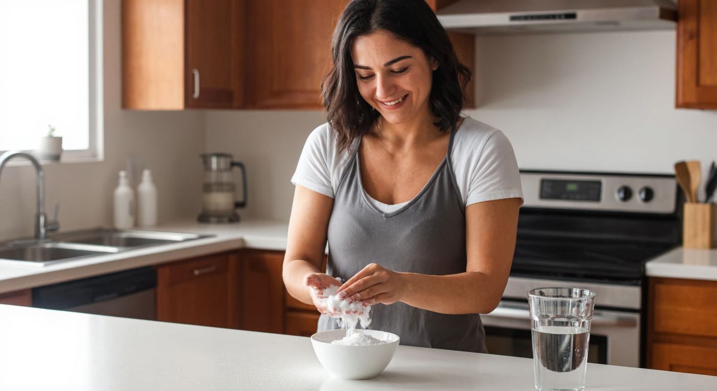 A Turkish woman in a kitchen holds a small bowl of white baking soda, smiling as she uses it to clean a countertop while a glass of water with dissolved baking soda sits nearby for digestion relief.