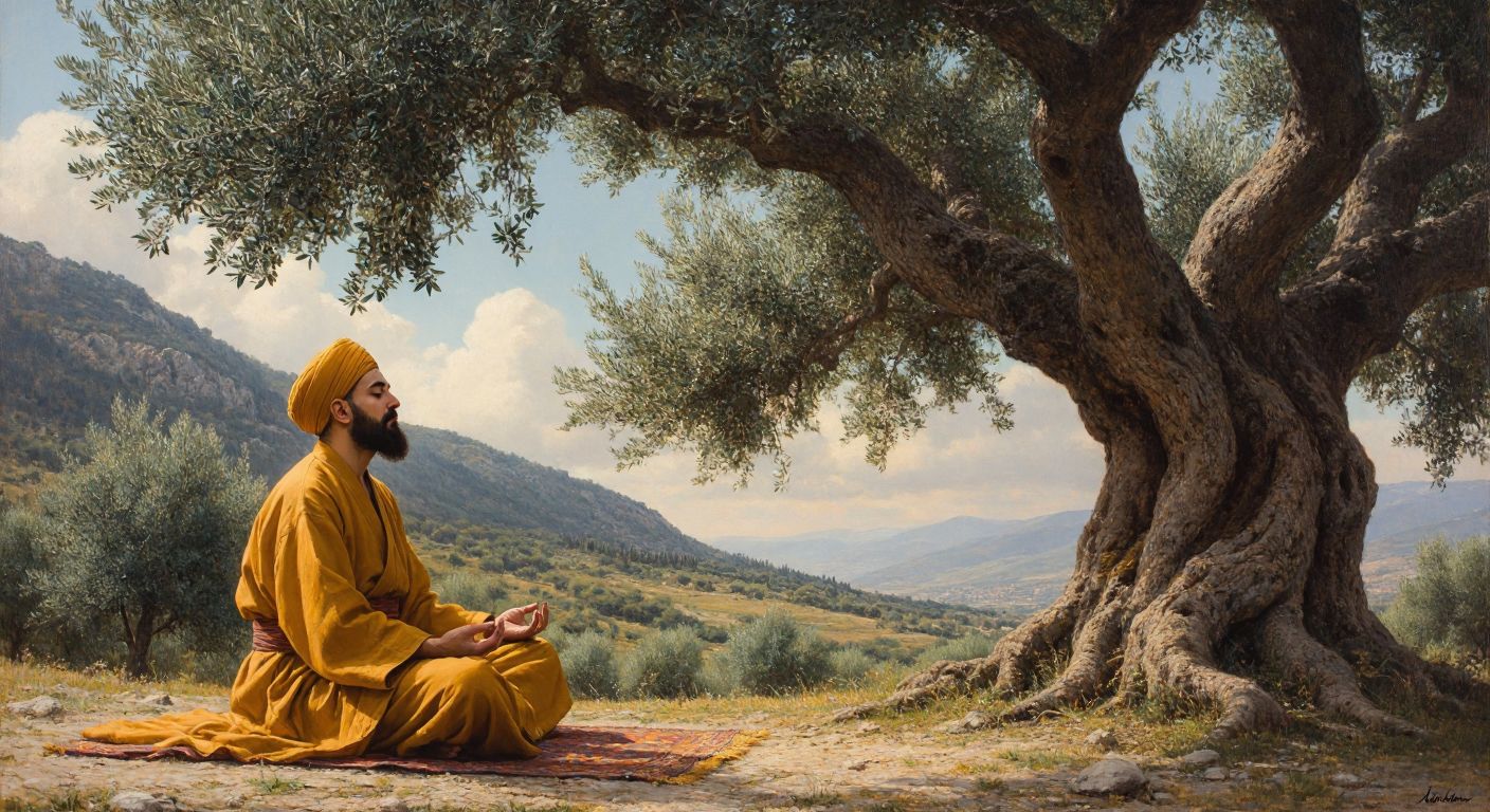 A serene Turkish philosopher in traditional robes meditates under an ancient olive tree, symbolizing inner peace and harmony with nature.