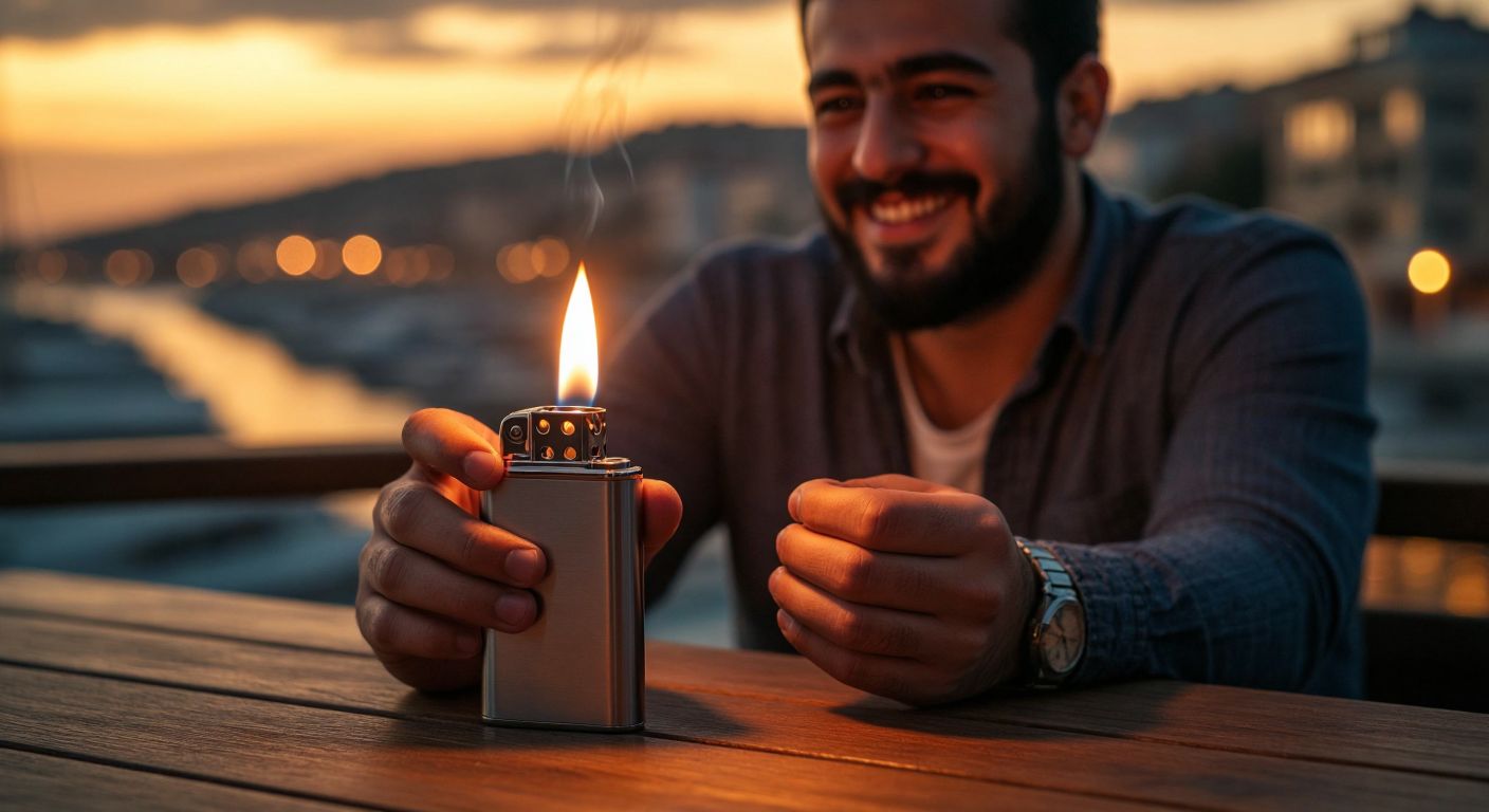 A sleek silver X-Lite lighter resting on a wooden table, its flame glowing steadily, with a satisfied Turkish man in casual attire smiling as he holds it.