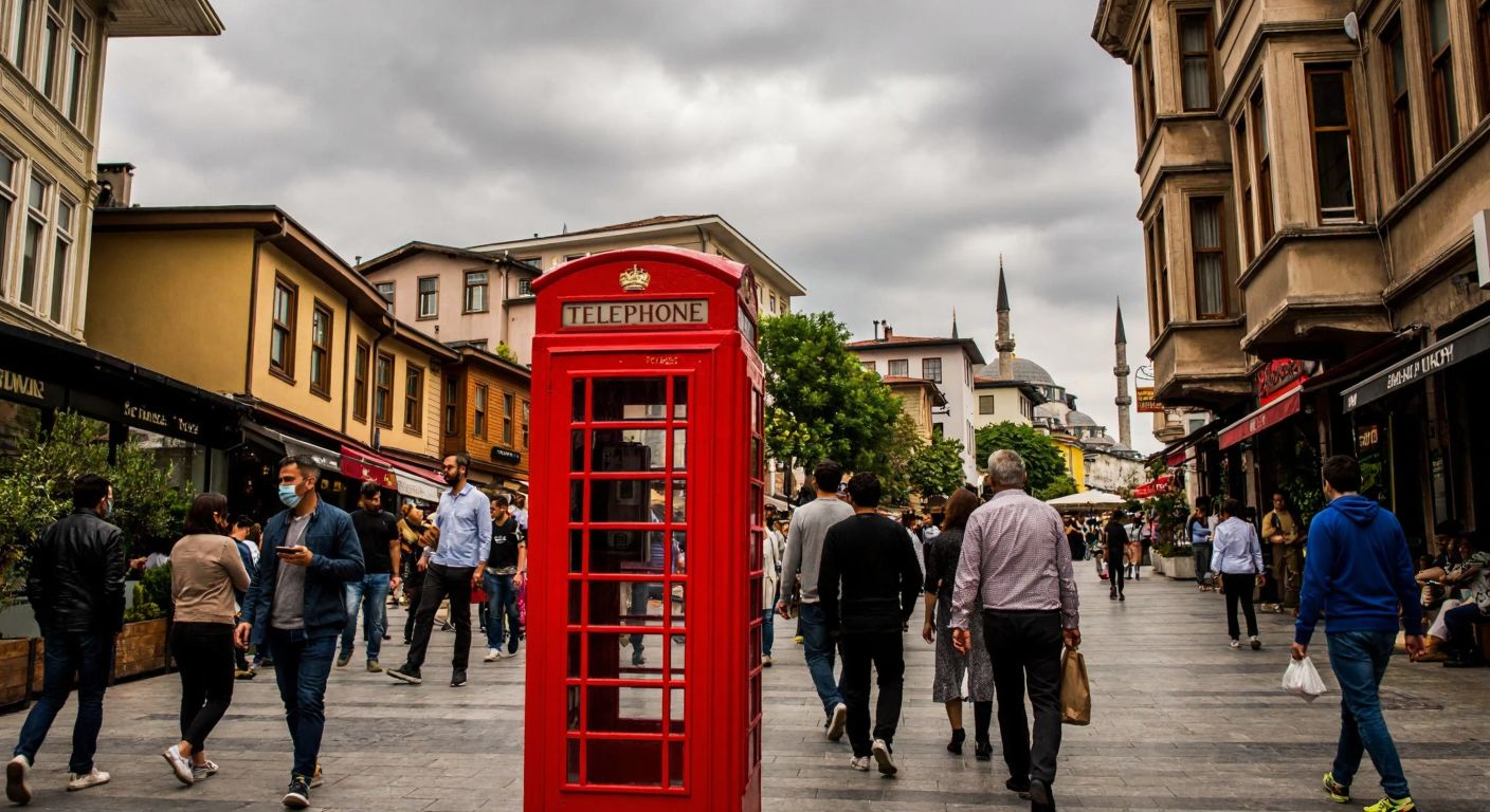 A bustling street in Istanbul’s European side, with a vintage red public phone booth under a cloudy sky, surrounded by people in casual attire walking past traditional Ottoman-style buildings.