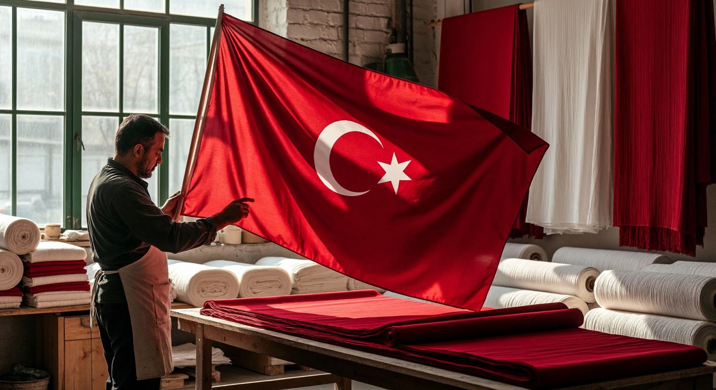 A Turkish flag unfurling gracefully in the wind, with a craftsman carefully measuring red fabric in a sunlit workshop filled with rolls of white and red textiles.