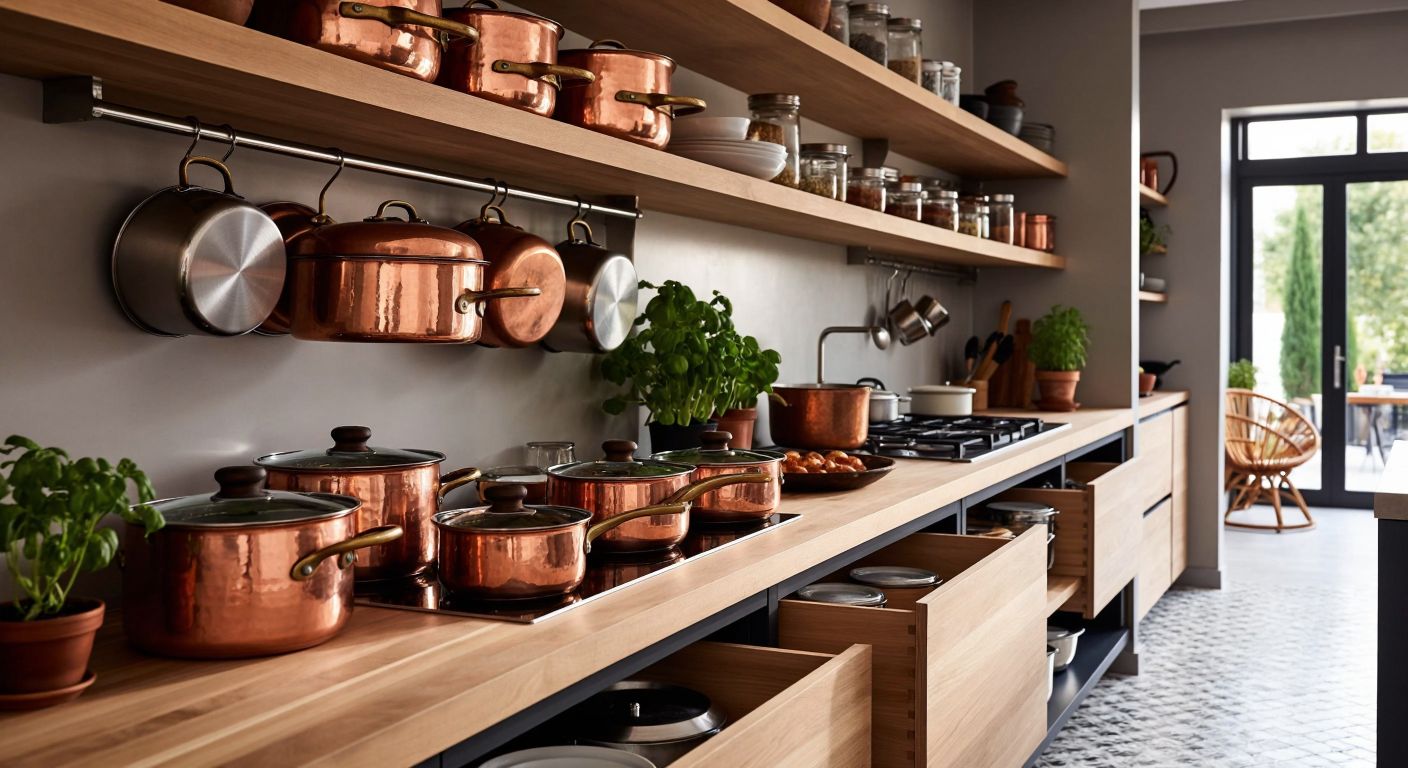 A bright Turkish kitchen with neatly stacked copper pots on open wooden shelves, a hanging rack with stainless steel pans, and deep drawers partially open to reveal nested cookware.