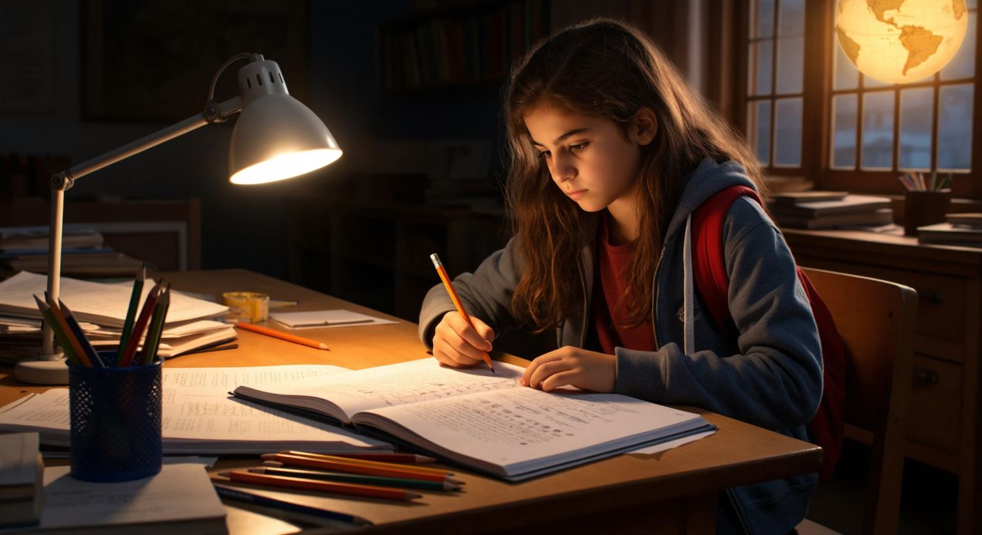 A focused Turkish middle-school student sits at a wooden desk, flipping through an English test paper with 20 circled questions, surrounded by scattered pencils and an open textbook under the warm glow of a classroom lamp.