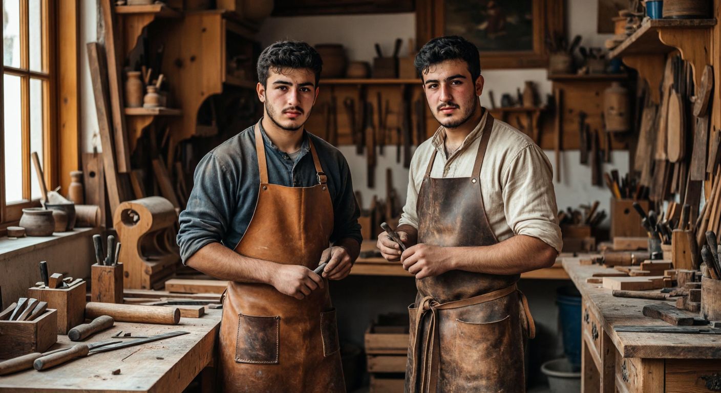 A young Turkish apprentice in a traditional woodworking workshop, wearing a leather apron and holding a chisel, looks determined while a seasoned craftsman nods approvingly beside him, surrounded by carved wooden furniture and tools.