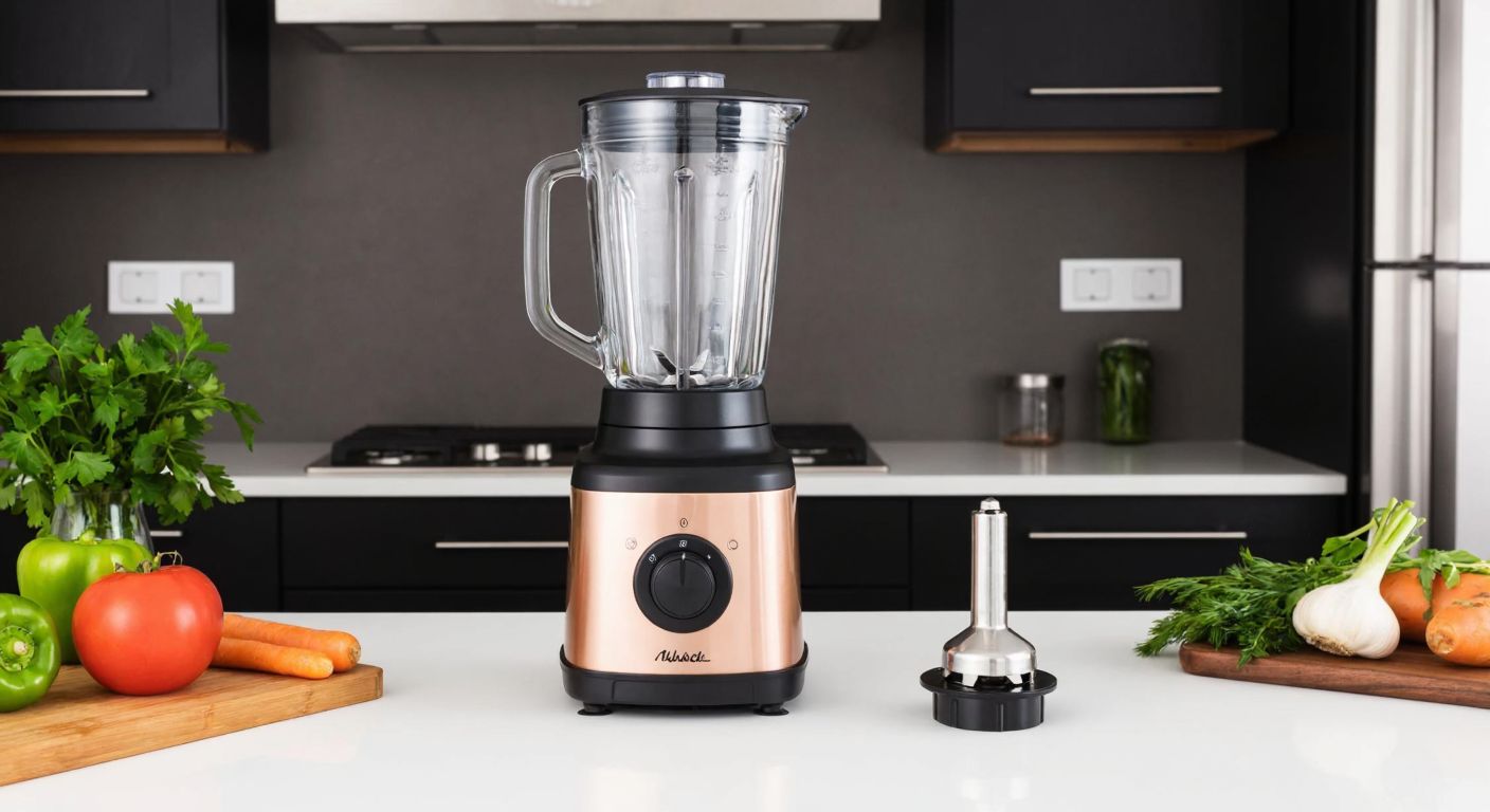A sleek rose-gold blender with a black base and a detachable chopper attachment sits on a modern Turkish kitchen counter, surrounded by fresh vegetables and herbs.