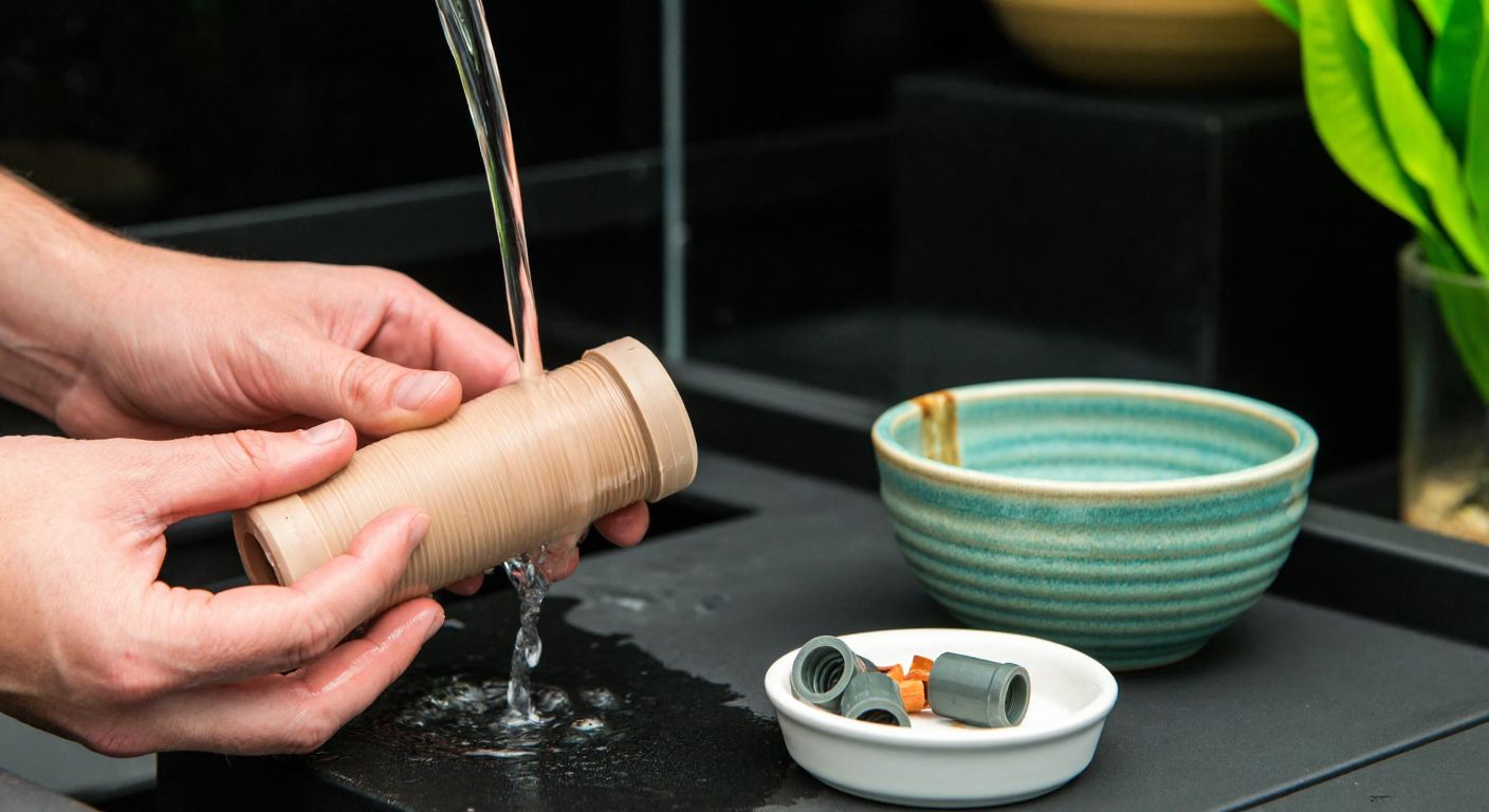 A close-up of a person’s hands carefully cleaning a cylindrical aquarium filter under running water, with a small Turkish ceramic bowl nearby holding disassembled filter parts.