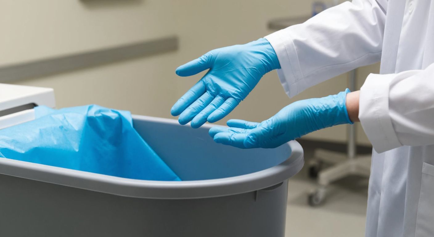 A pair of blue disposable gloves being discarded into a medical waste bin by a hand in a white lab coat, with a clean, sterile hospital environment in the background.