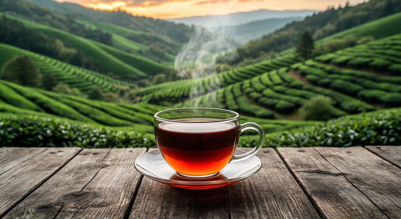 A steaming cup of rich black tea with dark amber hues, placed on a rustic wooden table overlooking the lush green tea fields of the Black Sea region, evoking warmth and tradition.