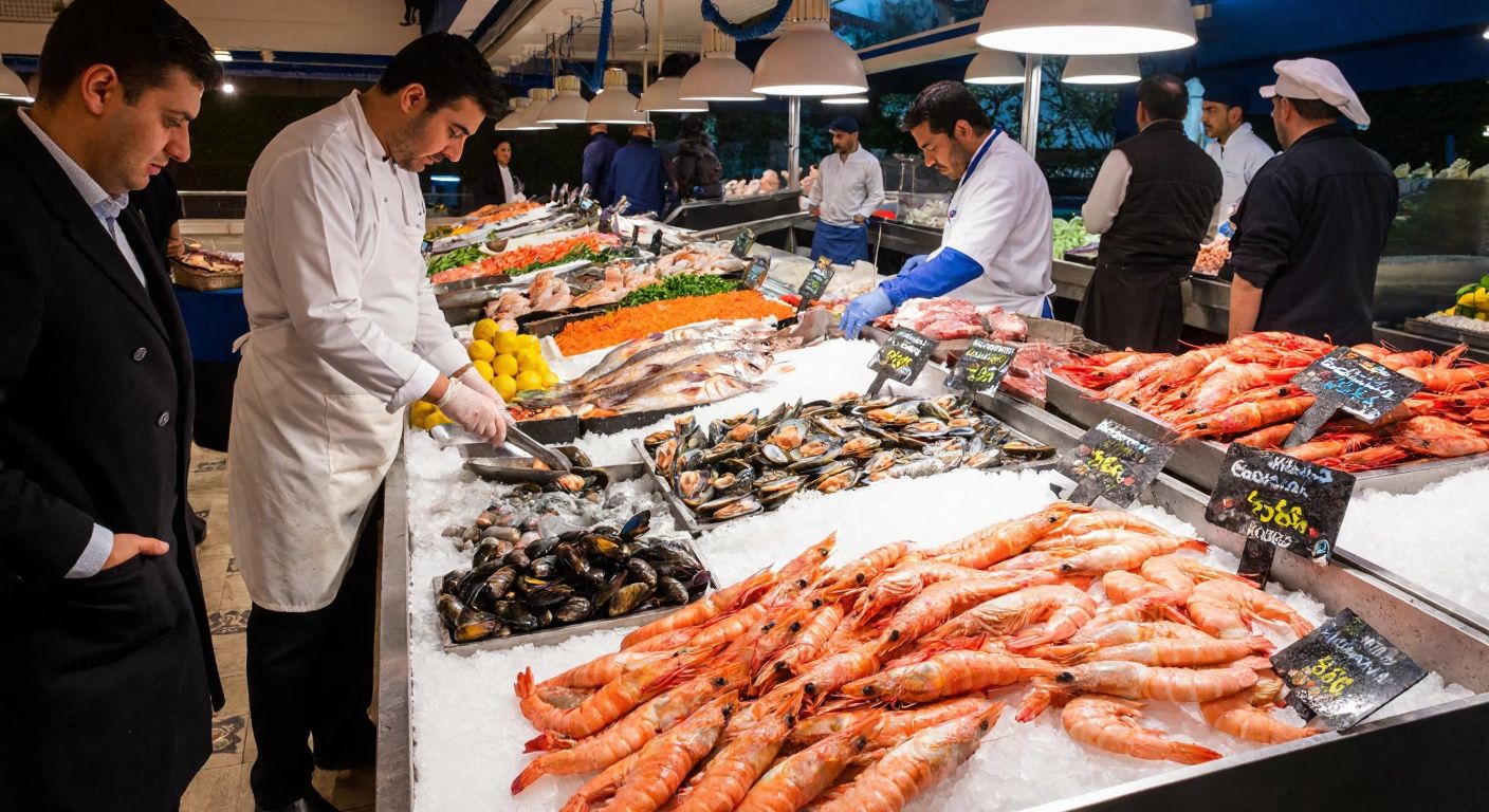 A bustling Turkish seafood market with fresh fish, shrimp, and mussels displayed on ice, surrounded by vendors in white aprons and customers inspecting the vibrant catch.