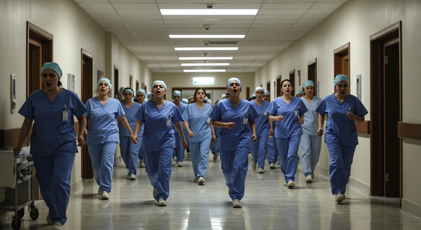 A bustling hospital hallway in Turkey with tired but determined nurses and doctors in scrubs, some yawning under fluorescent lights, while others rush with medical equipment, illustrating round-the-clock shifts.