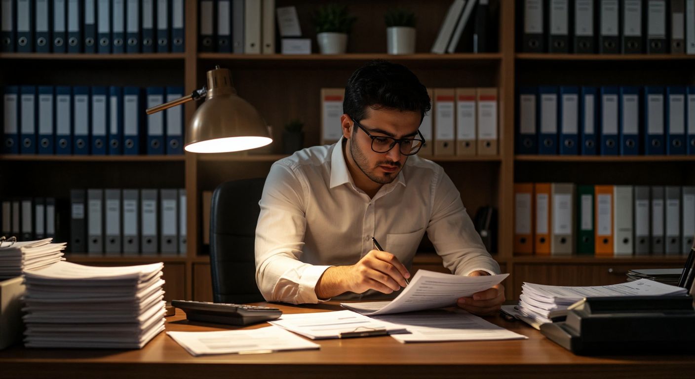 A focused accountant in a modern Turkish office, wearing glasses and a crisp shirt, carefully reviews financial documents under warm lamplight, with a calculator and ledger on a wooden desk, surrounded by shelves of neatly organized files.