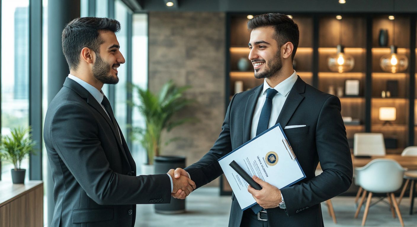 A confident young Turkish professional in a sharp suit stands in a modern office, holding a diploma and certificates while warmly shaking hands with a client, surrounded by symbols of real estate, insurance, and travel industries.