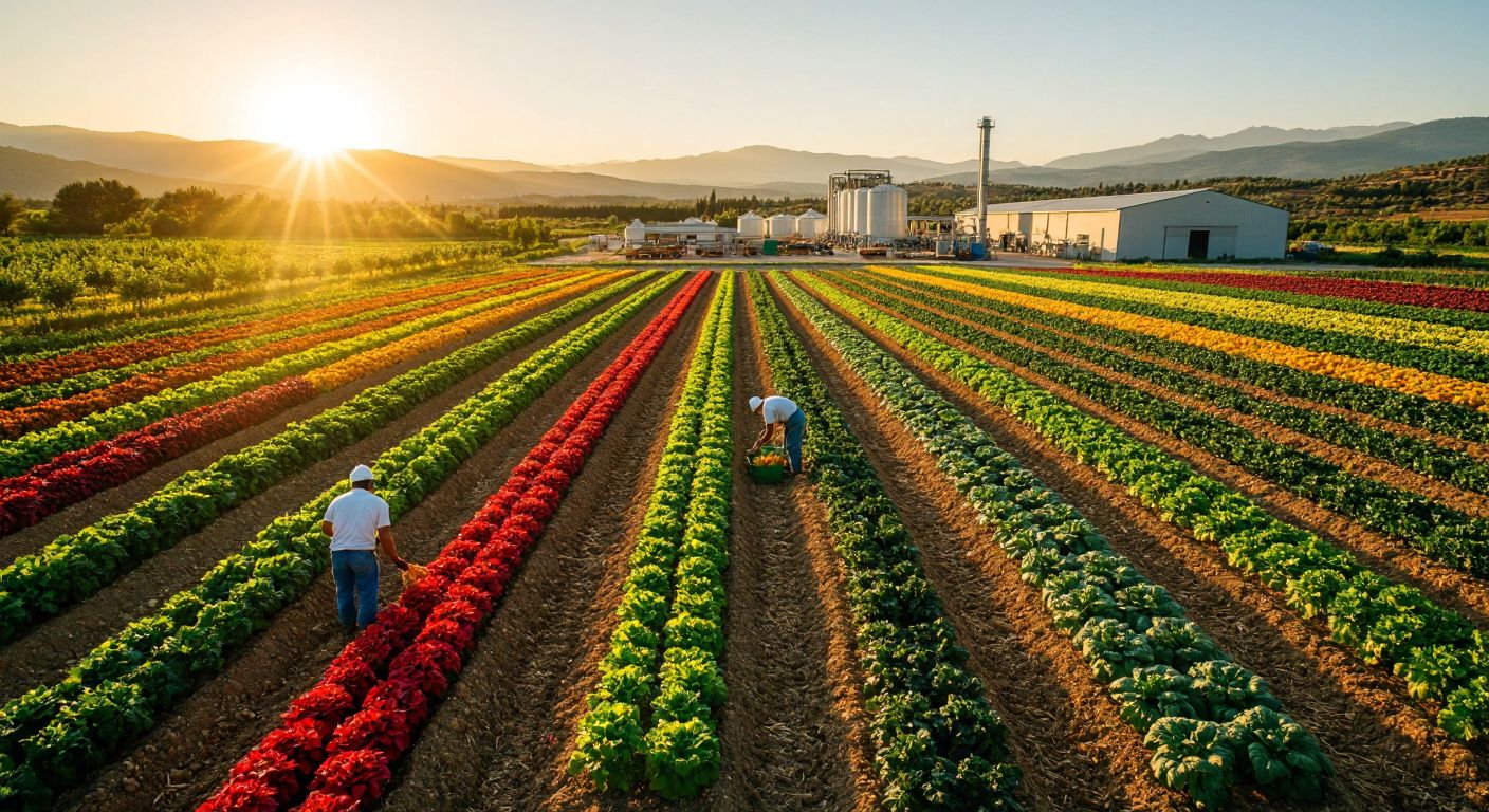 A sunlit Antalya farm with rows of vibrant fruits and vegetables next to a German factory producing animal feed, with farmers in Turkey and workers in Germany tending to their respective tasks.