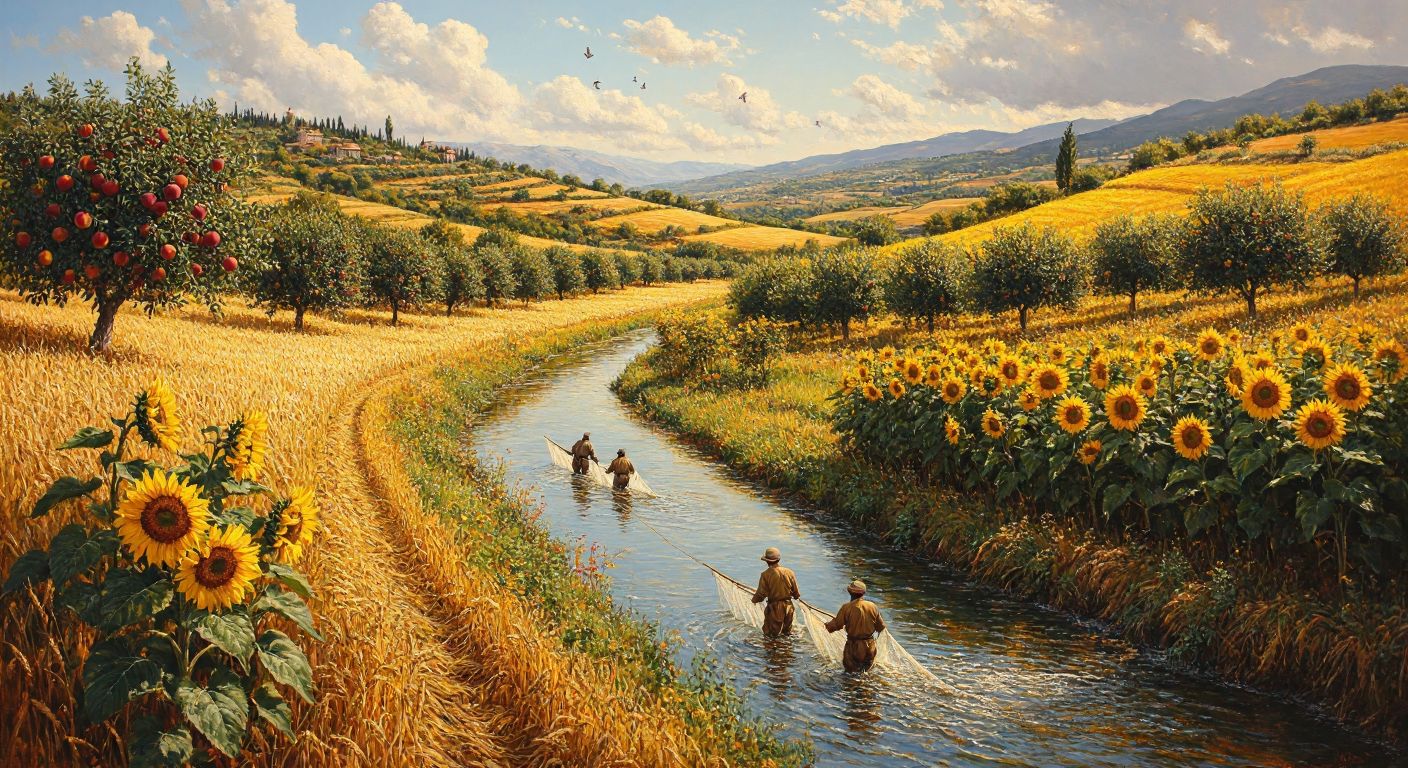 A sunlit Turkish countryside scene with golden wheat fields, rows of apple and peach trees, vibrant sunflowers, and a small river where fishermen cast their nets.