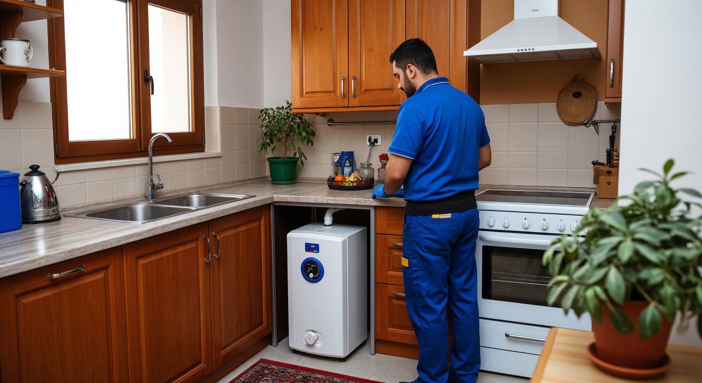 A compact water heater nestled neatly under a kitchen counter in a Turkish home, with a plumber in a blue uniform checking the installation while a homeowner watches with satisfaction.