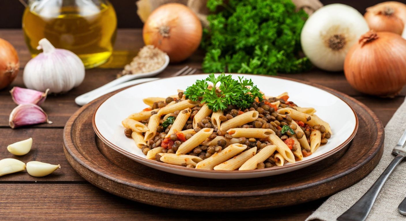 A rustic wooden table in a Turkish kitchen holds a steaming plate of pasta with lentils, garnished with fresh parsley, surrounded by ingredients like onions, garlic, and a bottle of olive oil.