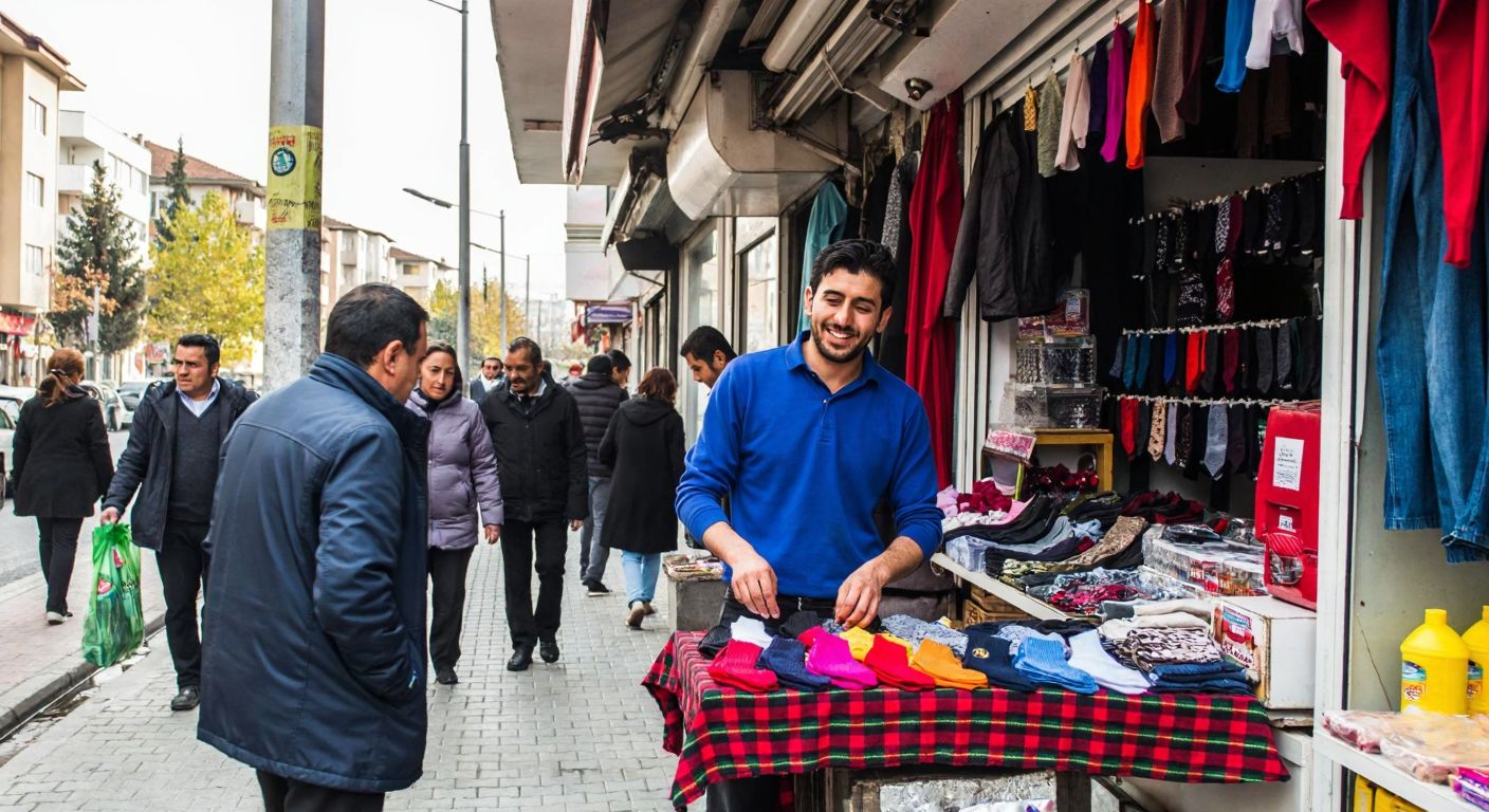 A bustling street in Sincan, Ankara, with a cheerful shopkeeper arranging colorful socks in a small storefront while customers browse nearby.