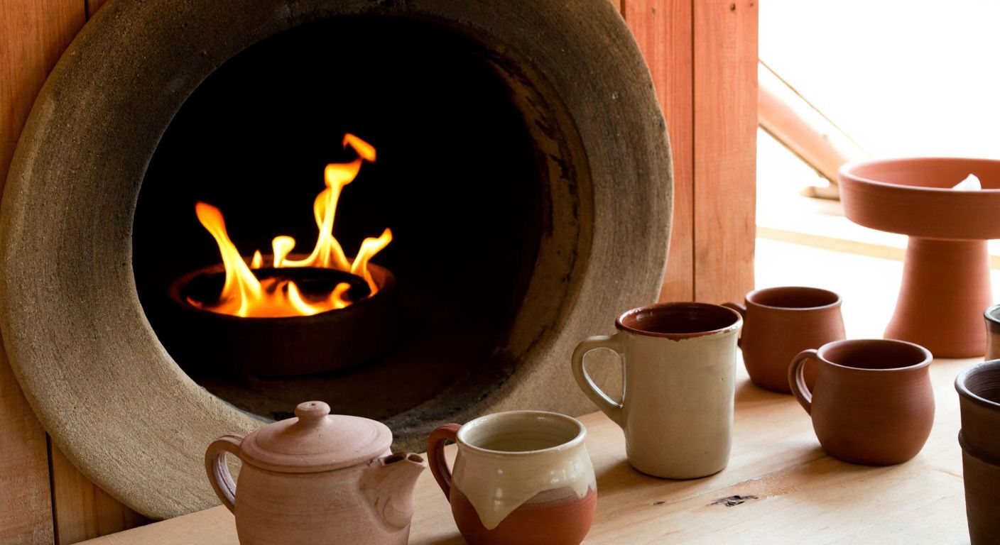 A rustic Turkish ceramic kiln glowing orange with heat, surrounded by handcrafted clay mugs in earthy tones, some placed carefully inside while others cool on a wooden table nearby.