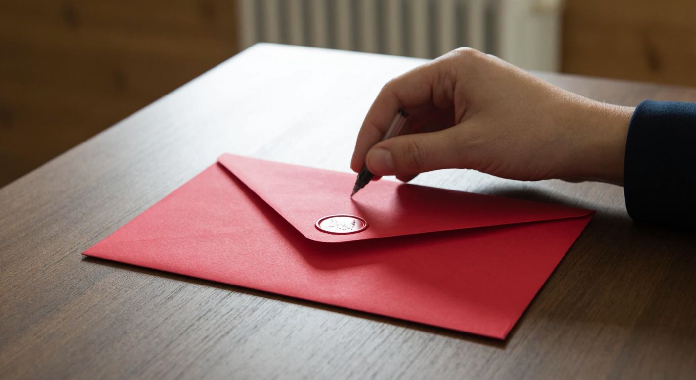 A bright red envelope rests on a wooden table in Turkey, with a person’s hand hovering over it, poised to write an address in the correct format.