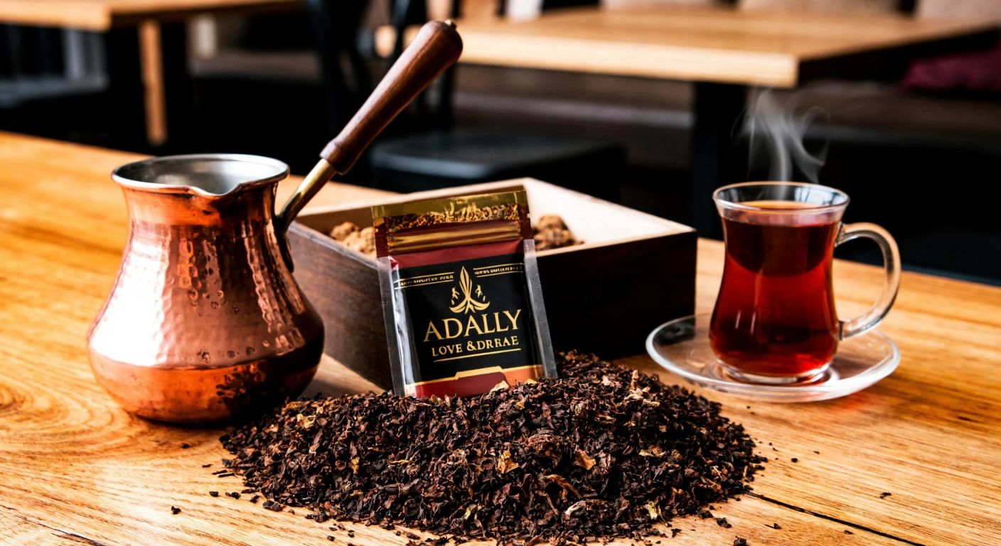A rustic wooden table in a cozy Turkish café holds an open pouch of Adalya Love 66 tobacco, its rich brown leaves spilling slightly, with a traditional copper coffee pot and a glass of steaming çay beside it, evoking warmth and relaxation.