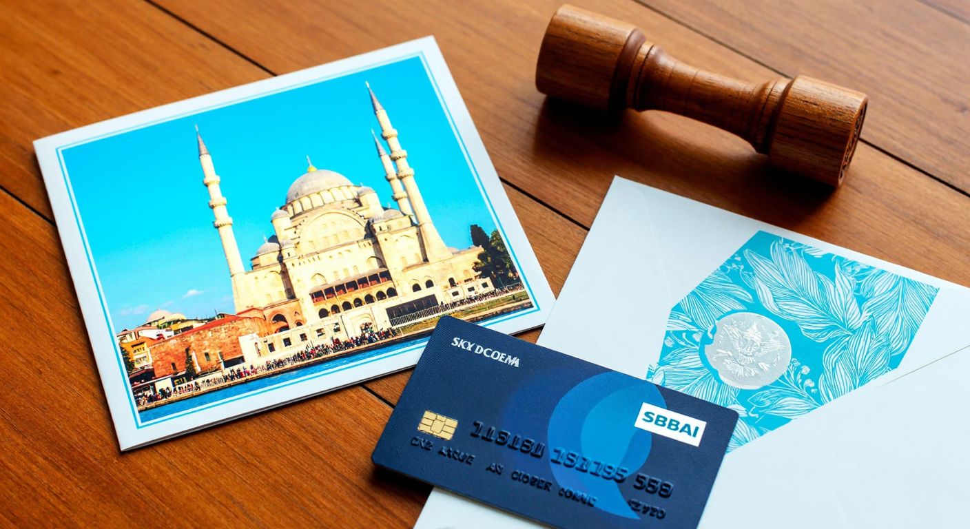 A colorful postcard with a historic Turkish monument and a matching stamp next to it, alongside a sleek credit card with a blue-and-white design placed on a wooden table.