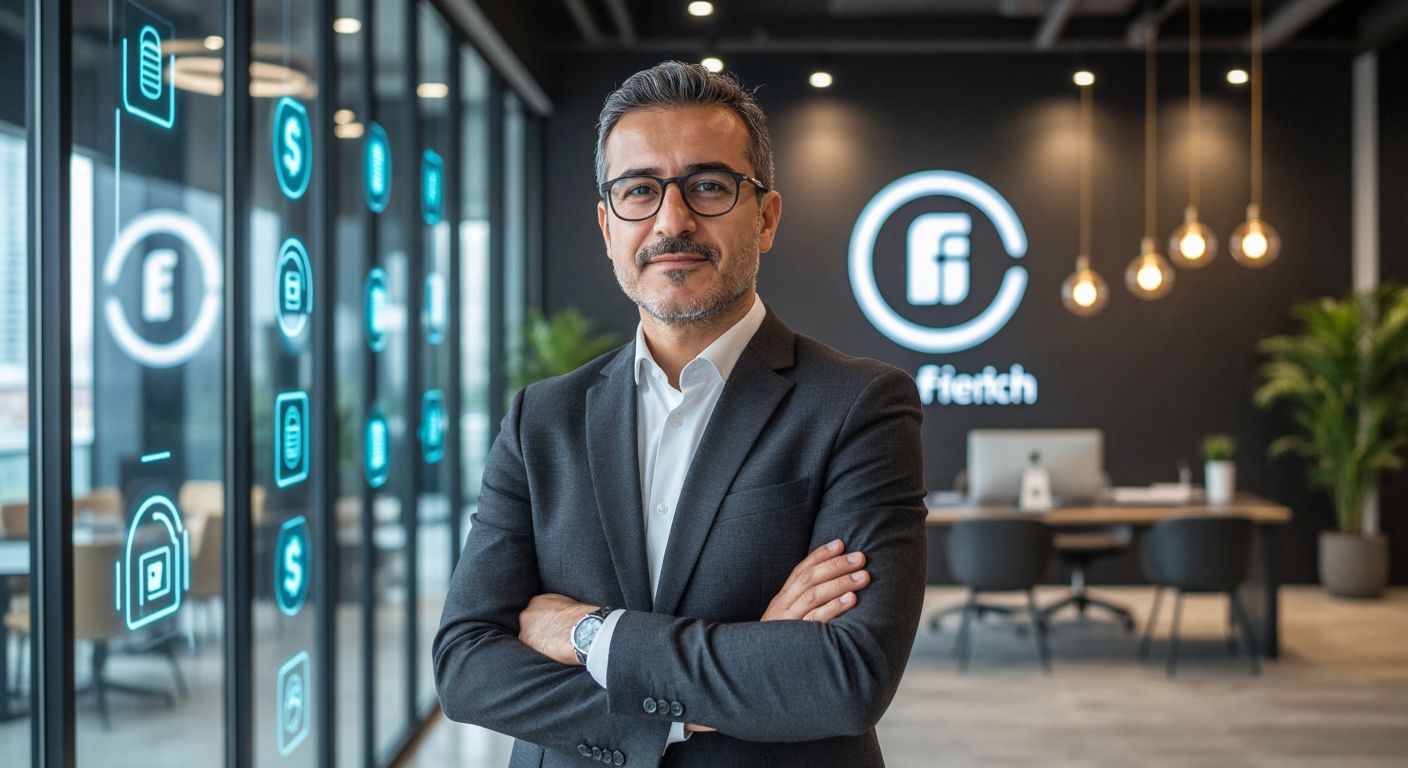 A confident middle-aged Turkish businessman in a sharp suit stands proudly in a modern Istanbul office, surrounded by glowing digital payment icons and a sleek fintech logo on the wall.