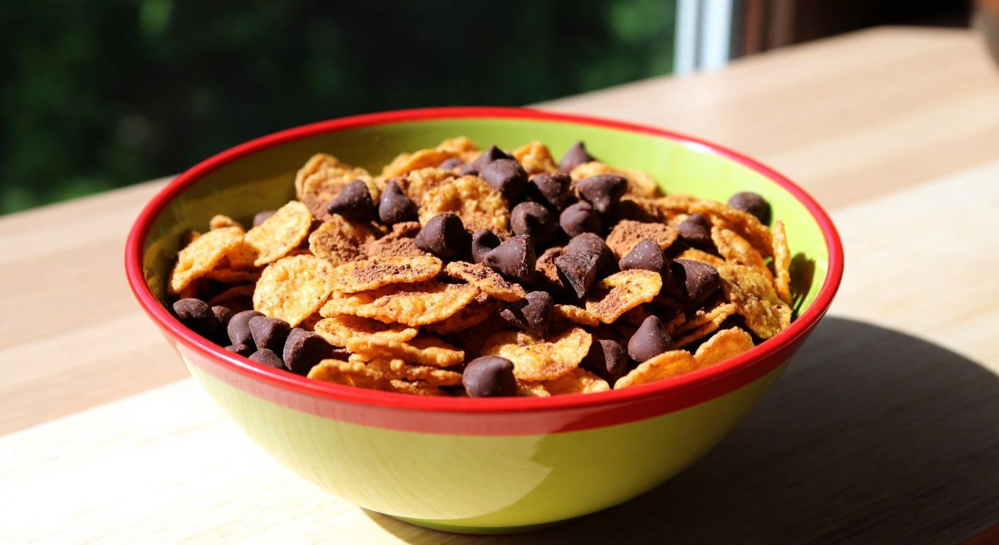A colorful bowl of Çokokare cornflakes with visible chocolate pieces, whole wheat flakes, and a sprinkle of cocoa powder, placed on a sunlit wooden table in a Turkish kitchen.