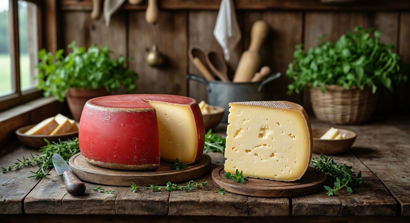 A rustic wooden table in a Dutch countryside kitchen holds two distinct cheese wheels—one pale yellow Edam with a smooth, firm texture and a red wax coating, and a deeper golden Gouda with a glossy, creamy surface—surrounded by fresh herbs and a traditional Dutch cheese knife.