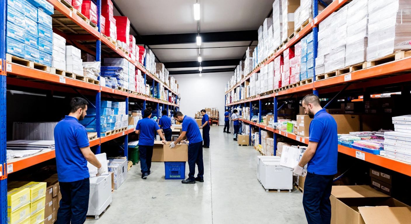 A bustling Ankara warehouse with neatly stacked office supplies, colorful stationery, and workers in blue uniforms organizing boxes under bright fluorescent lights.