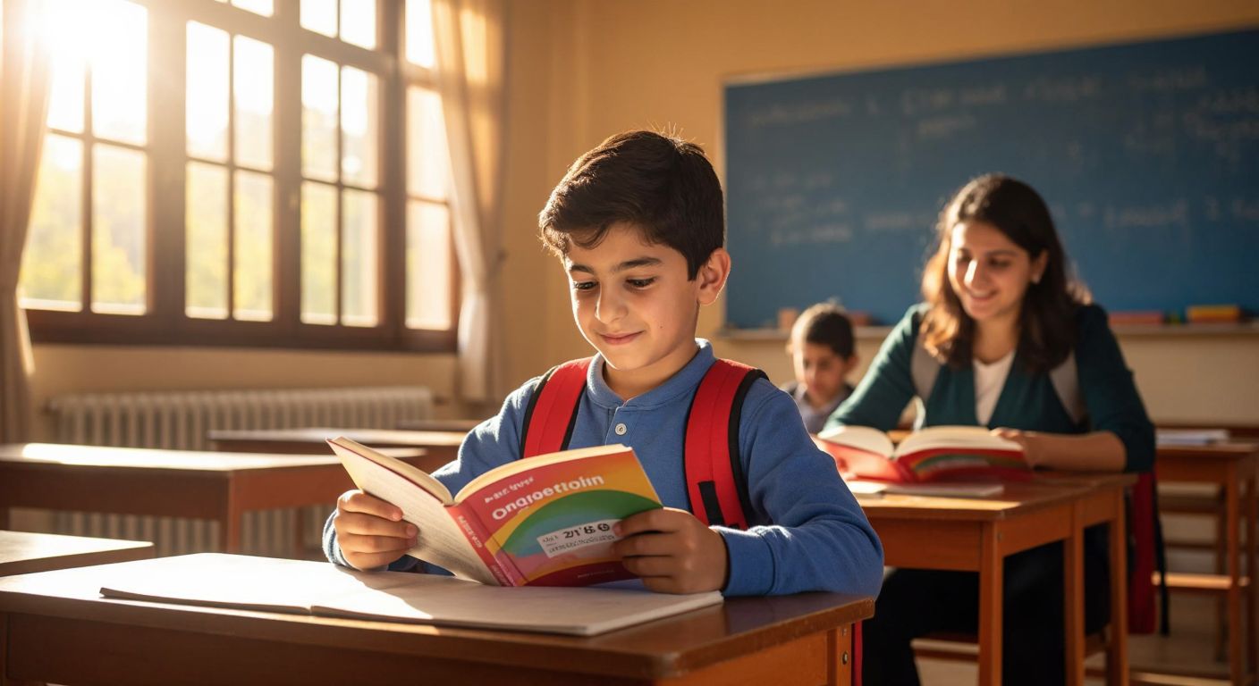 A young Turkish student sits at a wooden desk in a sunlit classroom, flipping through two colorful question bank books of varying thicknesses, one with 240 pages and another with 368, while a teacher in the background smiles warmly.