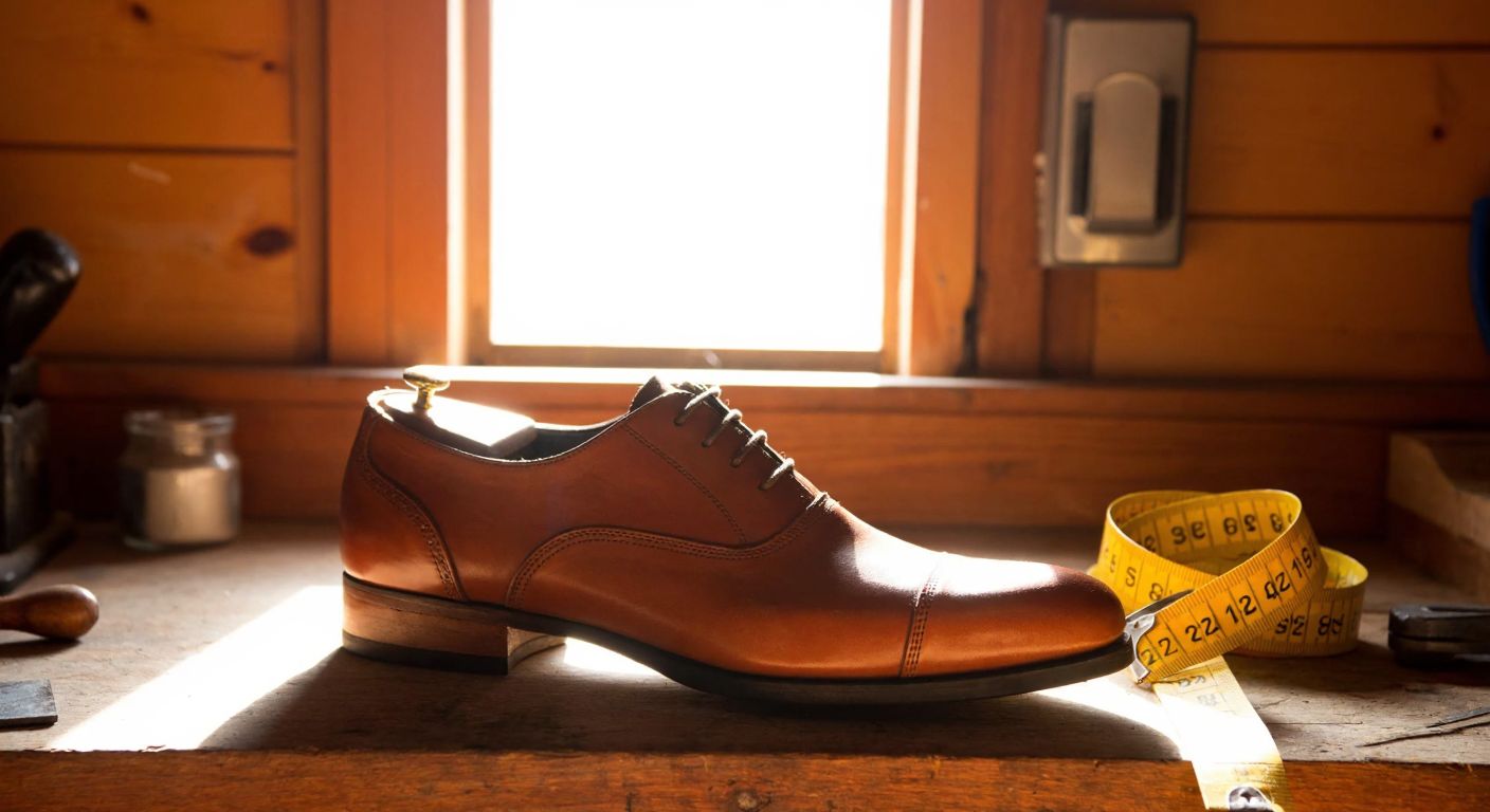 A single, well-crafted leather shoe resting on a wooden workbench in a Turkish cobbler's workshop, with a measuring tape draped beside it and warm sunlight streaming through a small window.