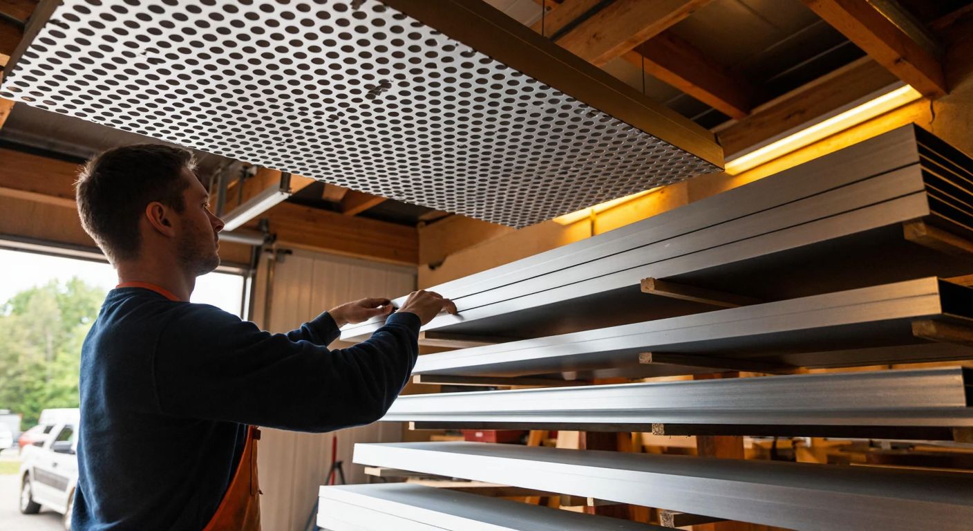 A craftsman in a workshop carefully installing a sleek, honeycomb-patterned aluminum ceiling panel under warm lighting, with other galvanized steel sheets neatly stacked nearby.