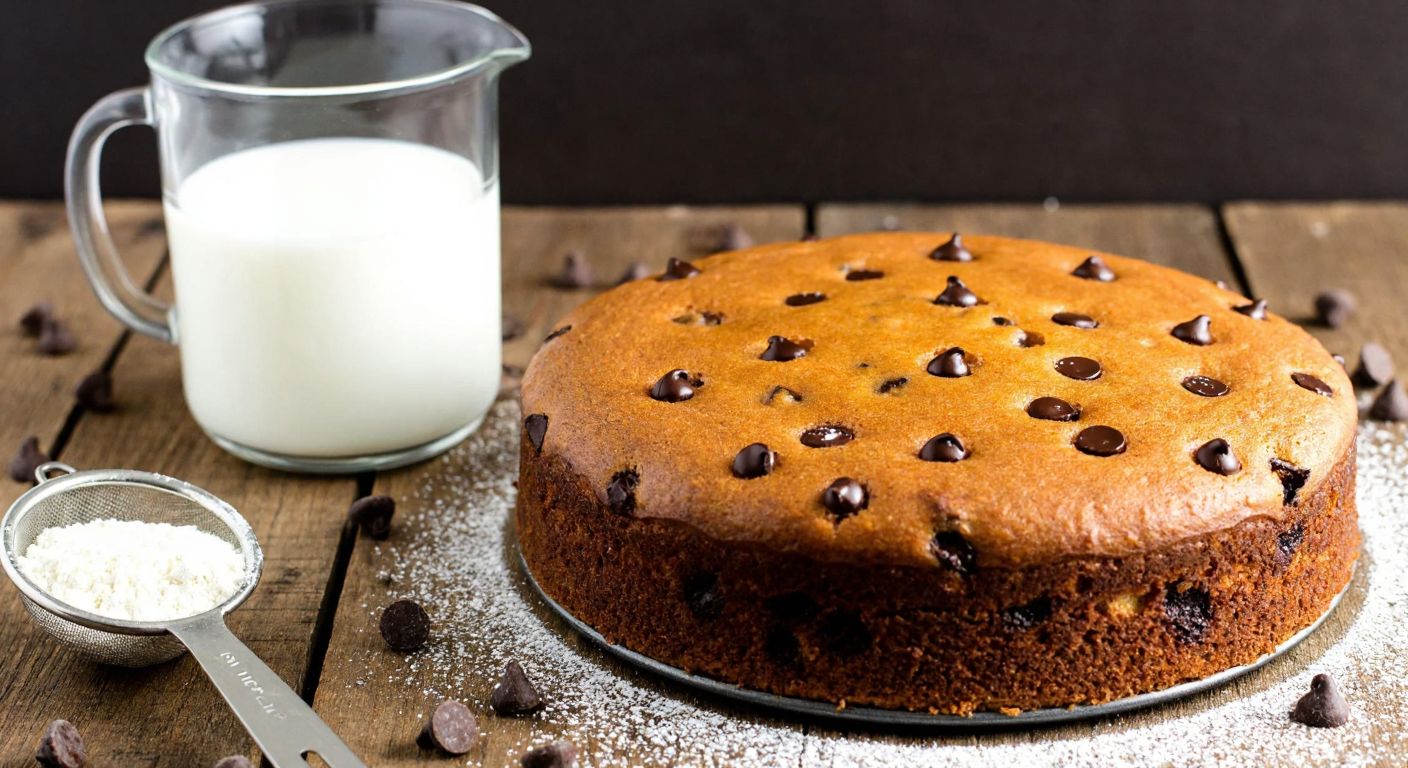 A warm, golden-brown chocolate chip cake sits on a rustic wooden table, with a glass measuring cup filled with fresh white milk beside it, surrounded by scattered chocolate chips and a dusting of flour.