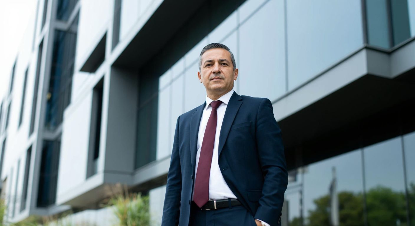 A distinguished Turkish businessman in a tailored suit stands confidently in front of a sleek modern office building, symbolizing entrepreneurship and legacy.